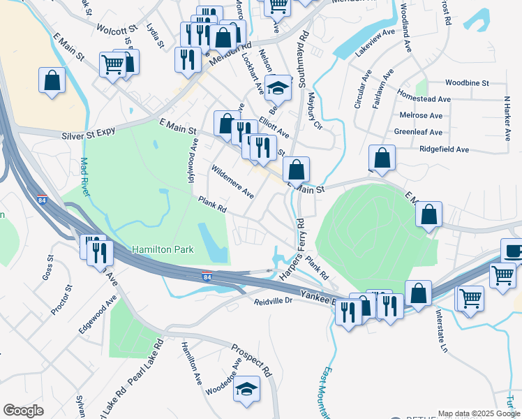 map of restaurants, bars, coffee shops, grocery stores, and more near 64 White Oak Lane in Waterbury