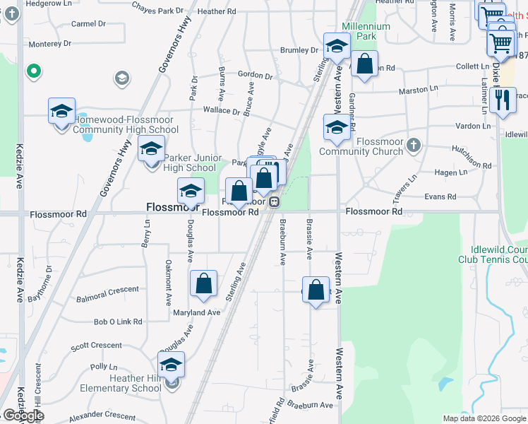 map of restaurants, bars, coffee shops, grocery stores, and more near Flossmoor Rd & Sterling Ave in Flossmoor