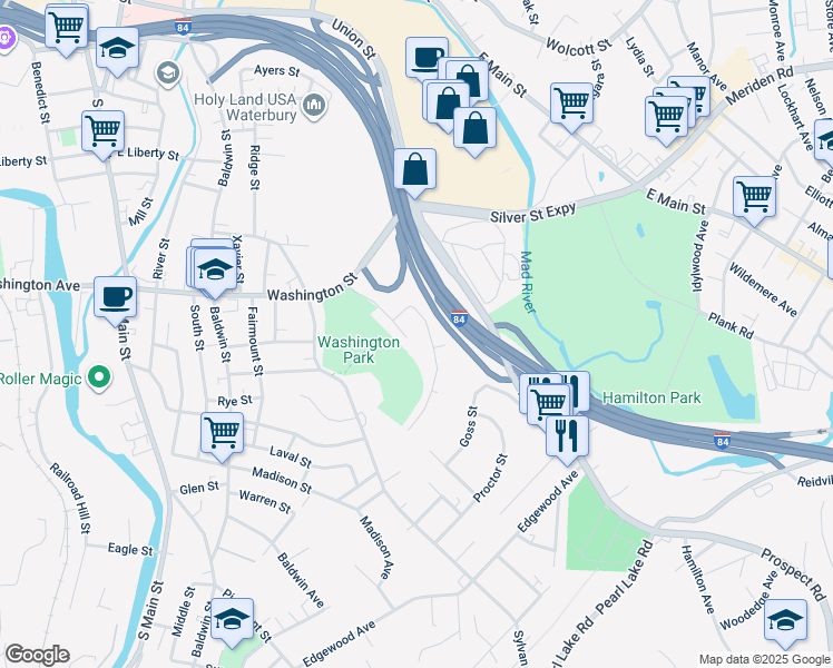 map of restaurants, bars, coffee shops, grocery stores, and more near 12 Rosewood Avenue in Waterbury