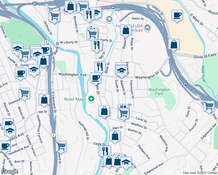 map of restaurants, bars, coffee shops, grocery stores, and more near 64 Lounsbury Avenue in Waterbury