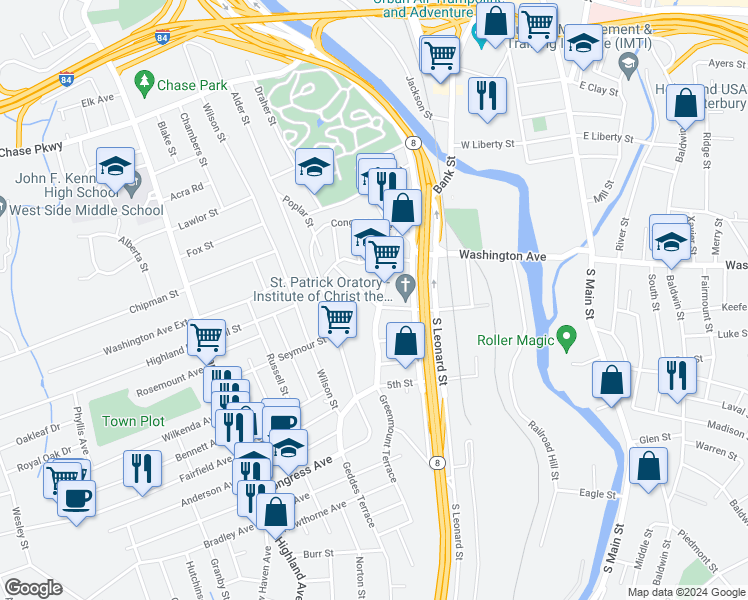map of restaurants, bars, coffee shops, grocery stores, and more near 13 West Porter Street in Waterbury