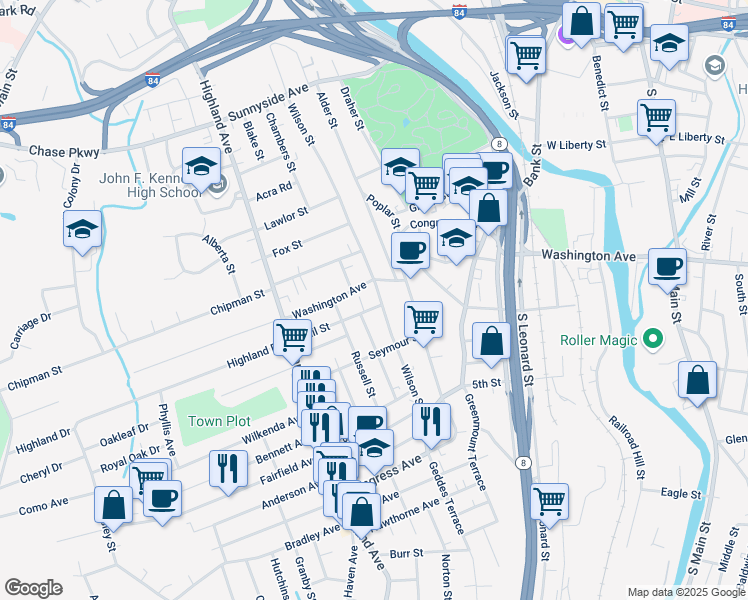 map of restaurants, bars, coffee shops, grocery stores, and more near 557 Wilson Street in Waterbury