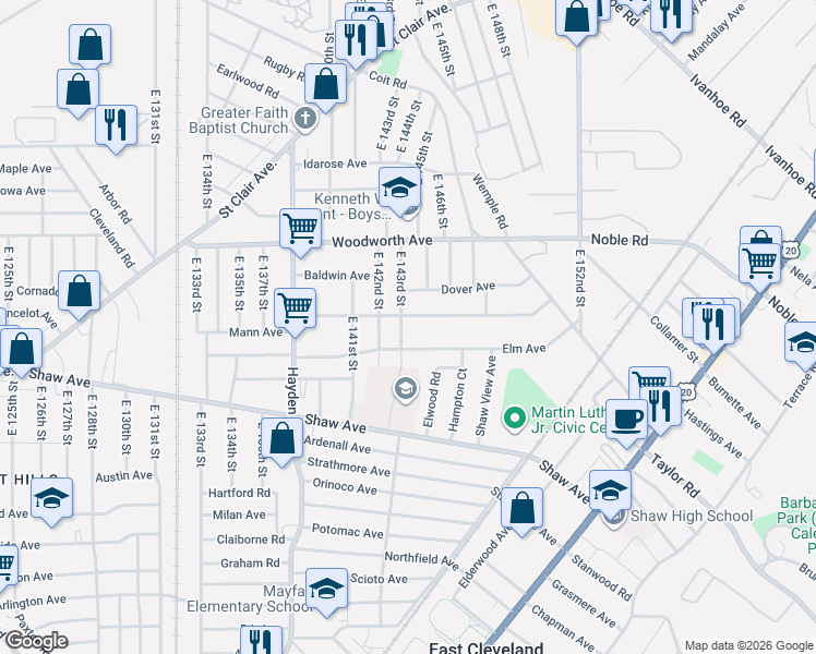 map of restaurants, bars, coffee shops, grocery stores, and more near 1321 East 143rd Street in East Cleveland
