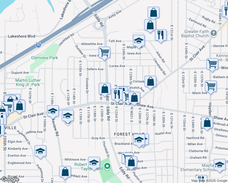 map of restaurants, bars, coffee shops, grocery stores, and more near 540 East 123rd Street in Cleveland