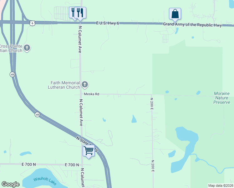 map of restaurants, bars, coffee shops, grocery stores, and more near 185 Meska Road in Valparaiso