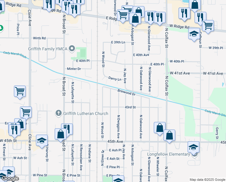 map of restaurants, bars, coffee shops, grocery stores, and more near 1100-1198 N Dwiggins Ave in Griffith