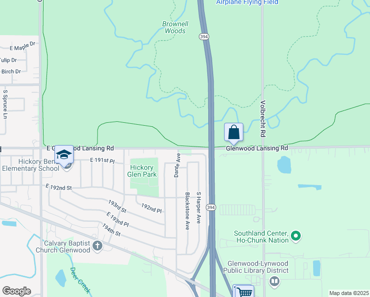 map of restaurants, bars, coffee shops, grocery stores, and more near 1051 East Glenwood Lansing Road in Glenwood
