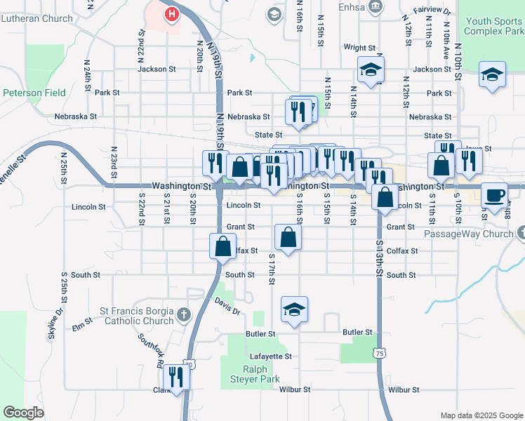 map of restaurants, bars, coffee shops, grocery stores, and more near 215 South 17th Street in Blair