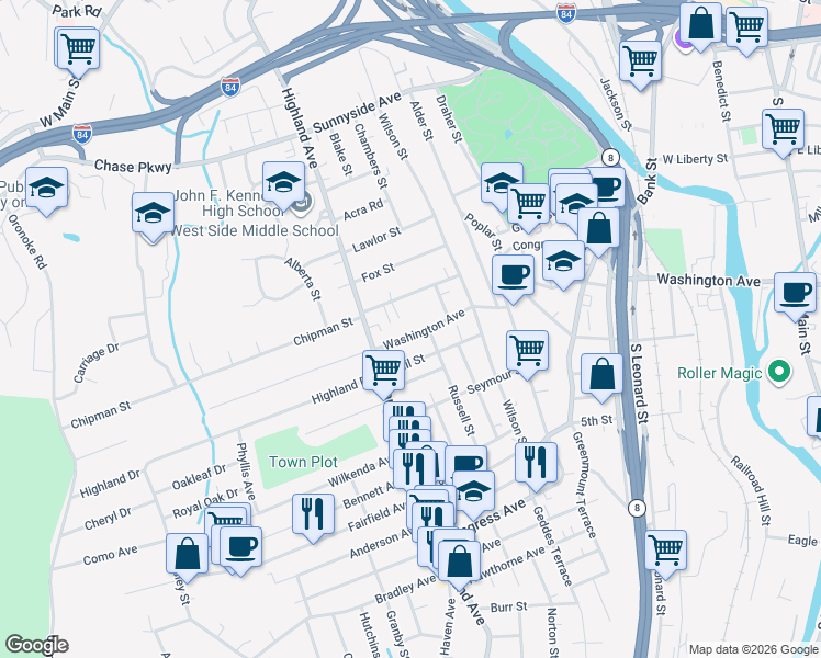 map of restaurants, bars, coffee shops, grocery stores, and more near 616 Washington Avenue in Waterbury