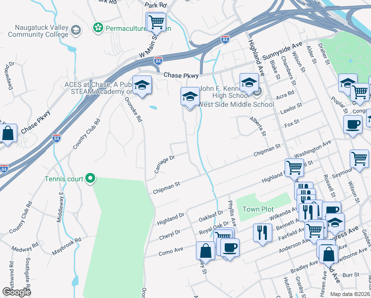 map of restaurants, bars, coffee shops, grocery stores, and more near 97 Old Colony Drive in Waterbury