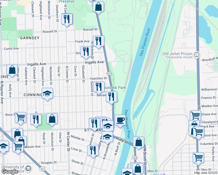 map of restaurants, bars, coffee shops, grocery stores, and more near 1011 North Broadway Street in Joliet