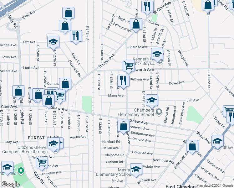 map of restaurants, bars, coffee shops, grocery stores, and more near 13521 Mann Avenue in East Cleveland