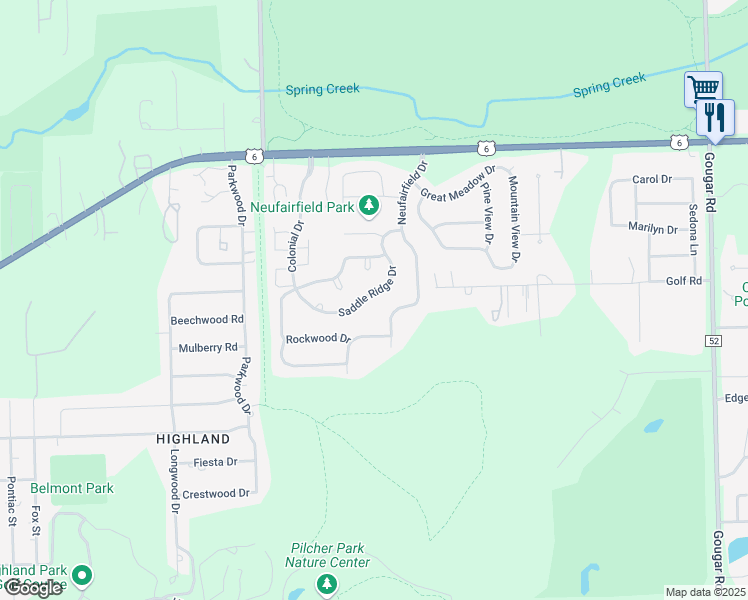 map of restaurants, bars, coffee shops, grocery stores, and more near 922 Saddle Ridge Drive in Joliet
