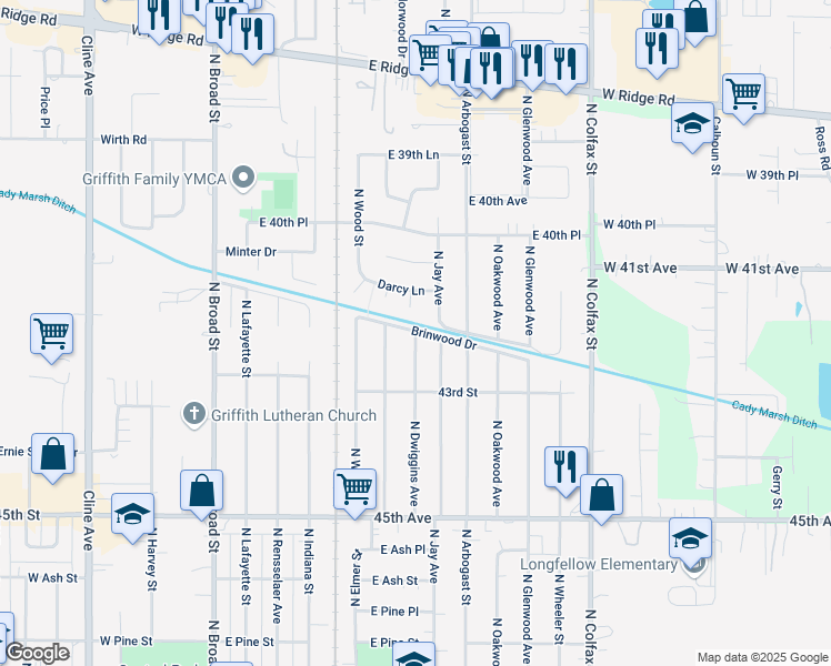 map of restaurants, bars, coffee shops, grocery stores, and more near 1198 North Dwiggins Avenue in Griffith