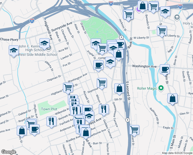 map of restaurants, bars, coffee shops, grocery stores, and more near 248 Congress Avenue in Waterbury