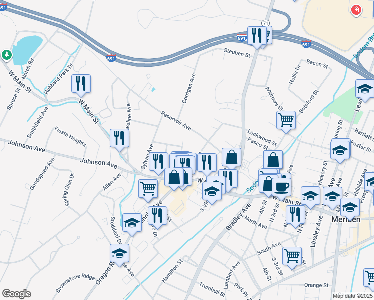 map of restaurants, bars, coffee shops, grocery stores, and more near 67 Home Avenue in Meriden