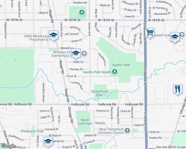 map of restaurants, bars, coffee shops, grocery stores, and more near 1150 191st Street in Homewood