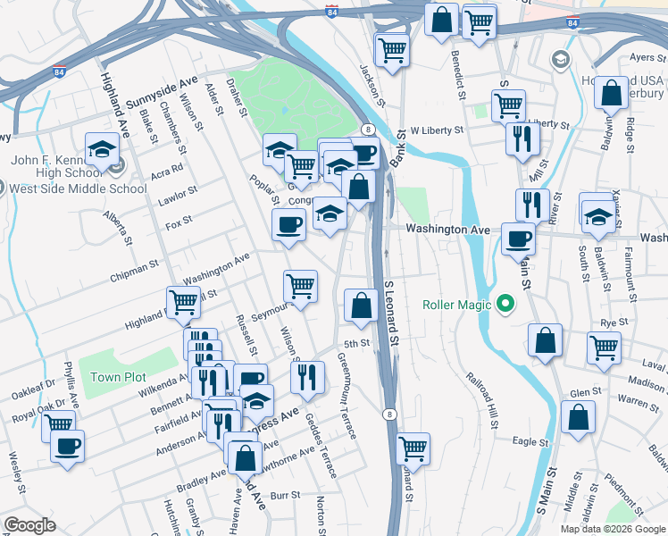 map of restaurants, bars, coffee shops, grocery stores, and more near 13 West Porter Street in Waterbury