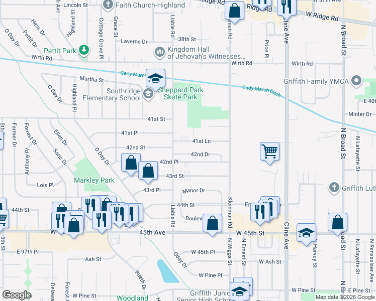 map of restaurants, bars, coffee shops, grocery stores, and more near 3627 42nd Drive in Highland