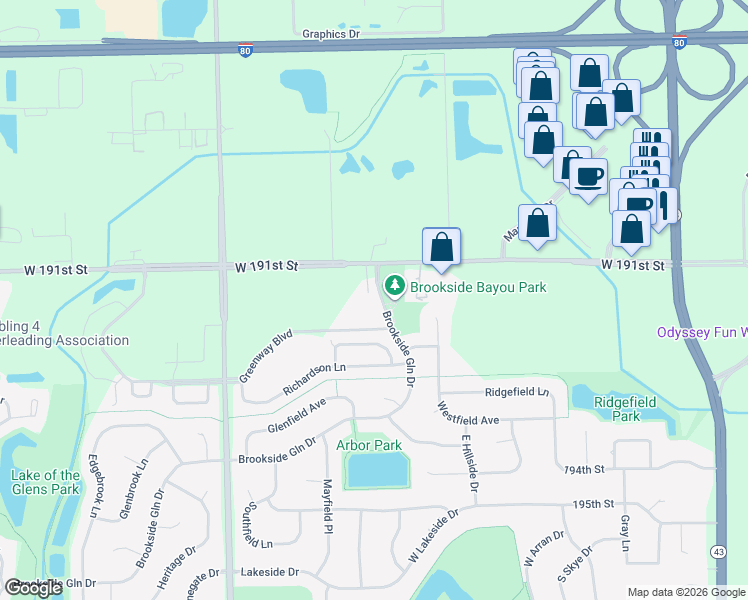 map of restaurants, bars, coffee shops, grocery stores, and more near 7716 Greenway Boulevard in Tinley Park