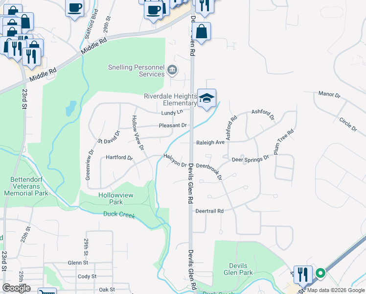 map of restaurants, bars, coffee shops, grocery stores, and more near 3449 Devils Glen Court in Bettendorf