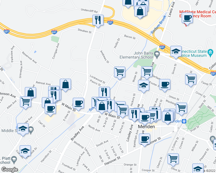 map of restaurants, bars, coffee shops, grocery stores, and more near 40 Ames Avenue in Meriden