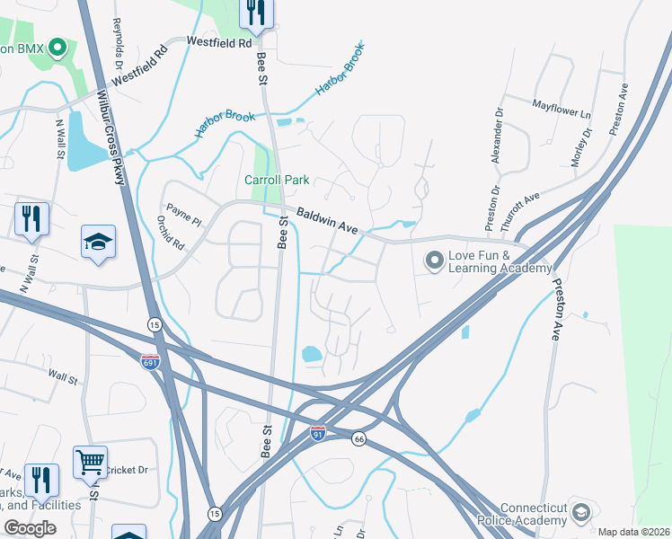 map of restaurants, bars, coffee shops, grocery stores, and more near 43 South Meadow Lane in Meriden