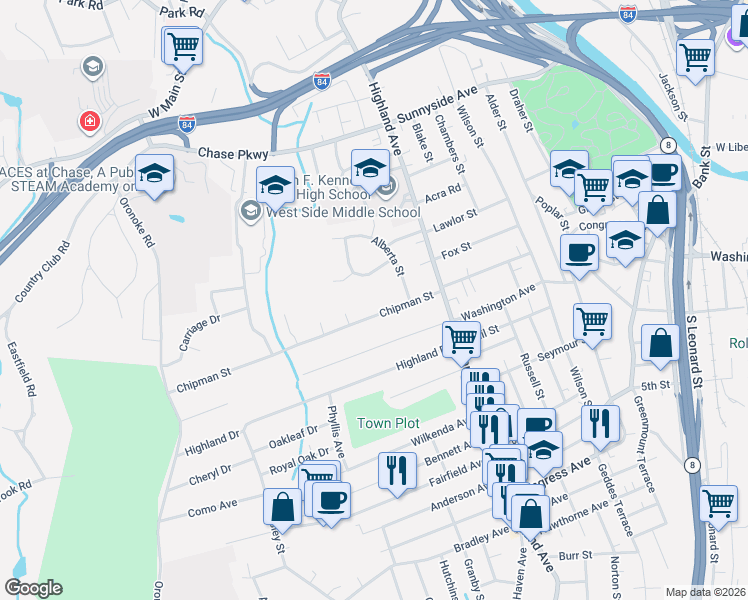 map of restaurants, bars, coffee shops, grocery stores, and more near 222 Chipman Street in Waterbury