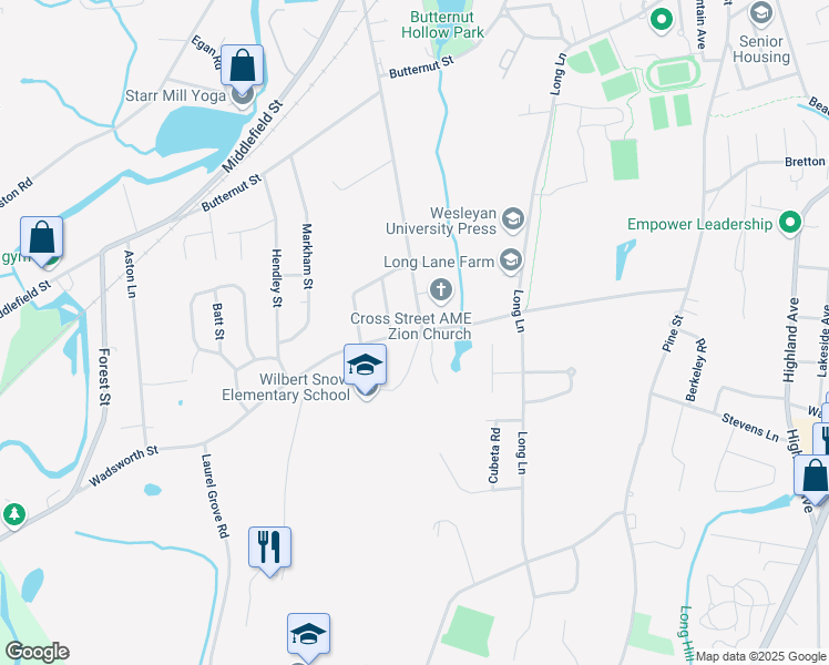 map of restaurants, bars, coffee shops, grocery stores, and more near 299 Wadsworth Street in Middletown