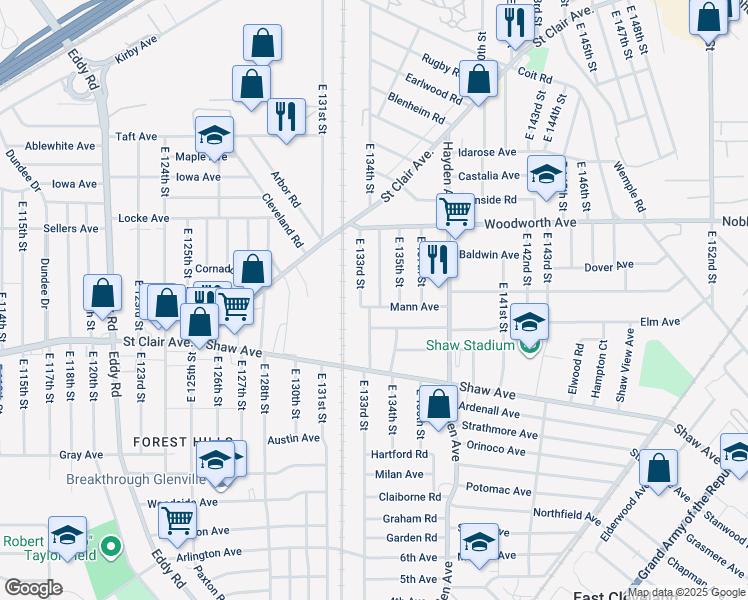 map of restaurants, bars, coffee shops, grocery stores, and more near 1311 East 134th Street in East Cleveland