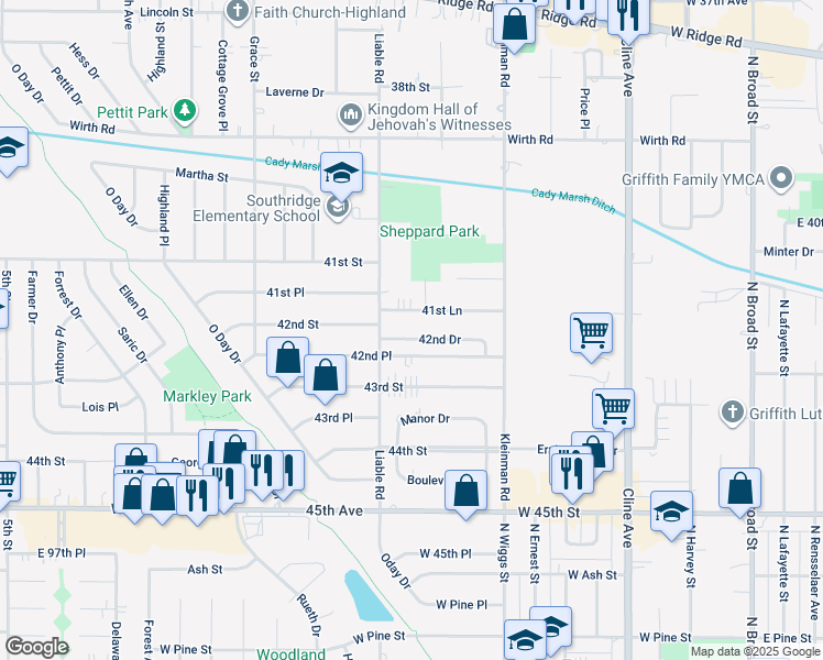 map of restaurants, bars, coffee shops, grocery stores, and more near 3627 42nd Drive in Highland