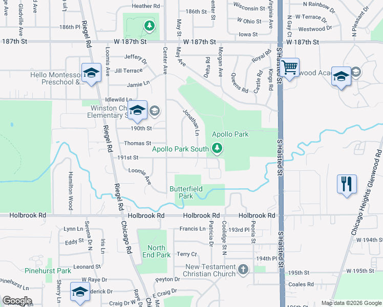 map of restaurants, bars, coffee shops, grocery stores, and more near 1118 191st Street in Homewood
