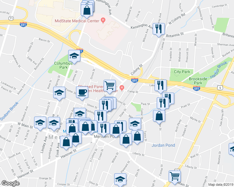 map of restaurants, bars, coffee shops, grocery stores, and more near 183 Colony Street in Meriden