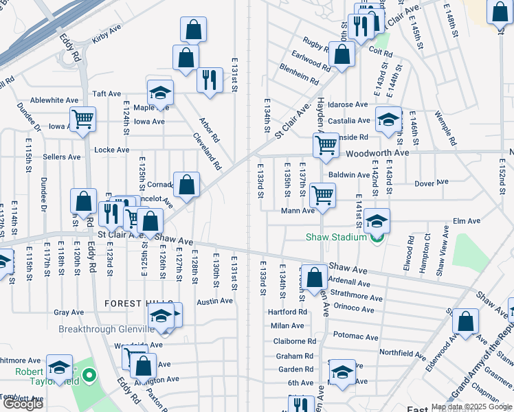 map of restaurants, bars, coffee shops, grocery stores, and more near 1304 East 133rd Street in East Cleveland