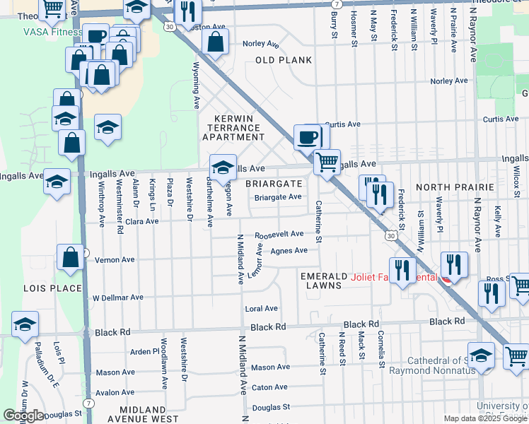 map of restaurants, bars, coffee shops, grocery stores, and more near 1309 Clara Avenue in Joliet