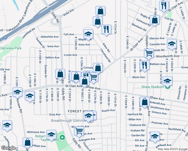 map of restaurants, bars, coffee shops, grocery stores, and more near 12615 Saint Clair Avenue in Cleveland