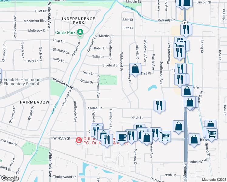 map of restaurants, bars, coffee shops, grocery stores, and more near 1938 Magnolia Lane in Munster