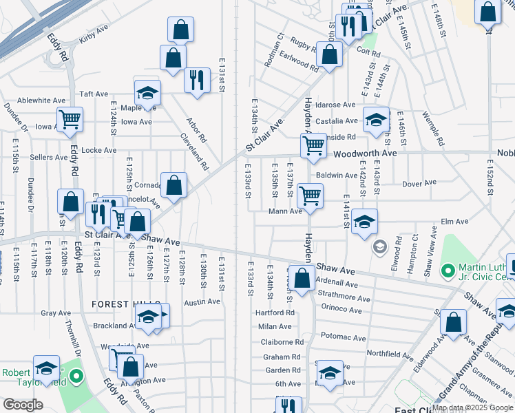 map of restaurants, bars, coffee shops, grocery stores, and more near 1311 East 134th Street in East Cleveland