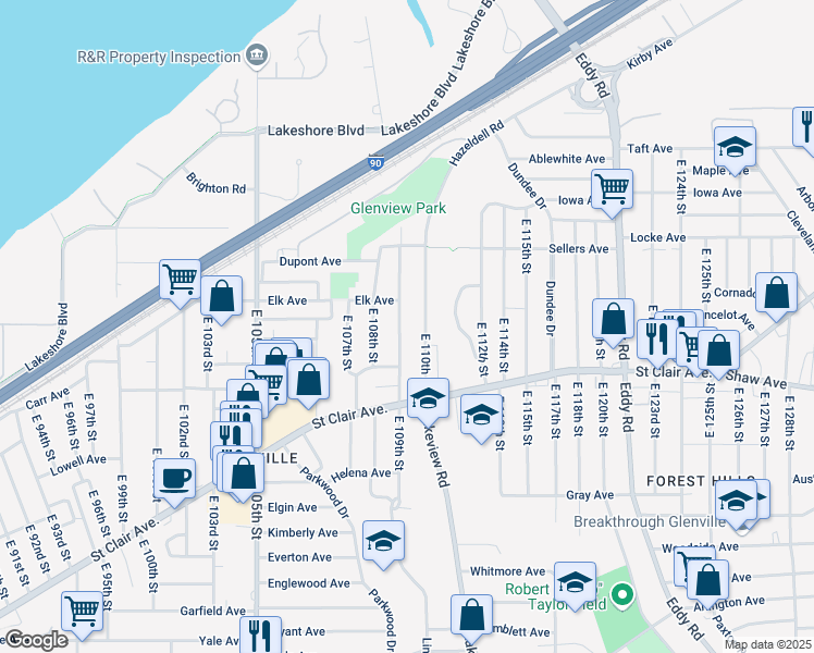 map of restaurants, bars, coffee shops, grocery stores, and more near 540 East 110th Street in Cleveland