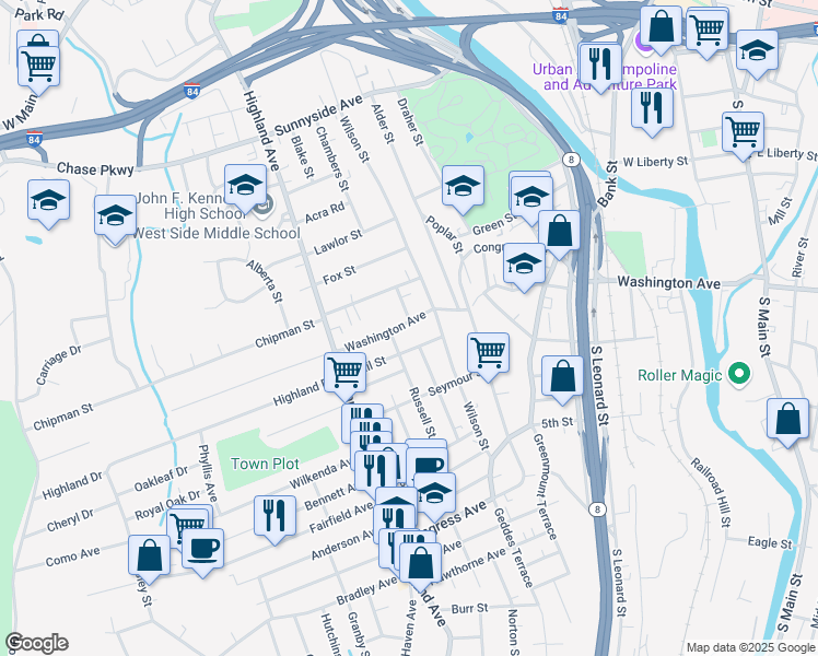 map of restaurants, bars, coffee shops, grocery stores, and more near 557 Washington Avenue in Waterbury