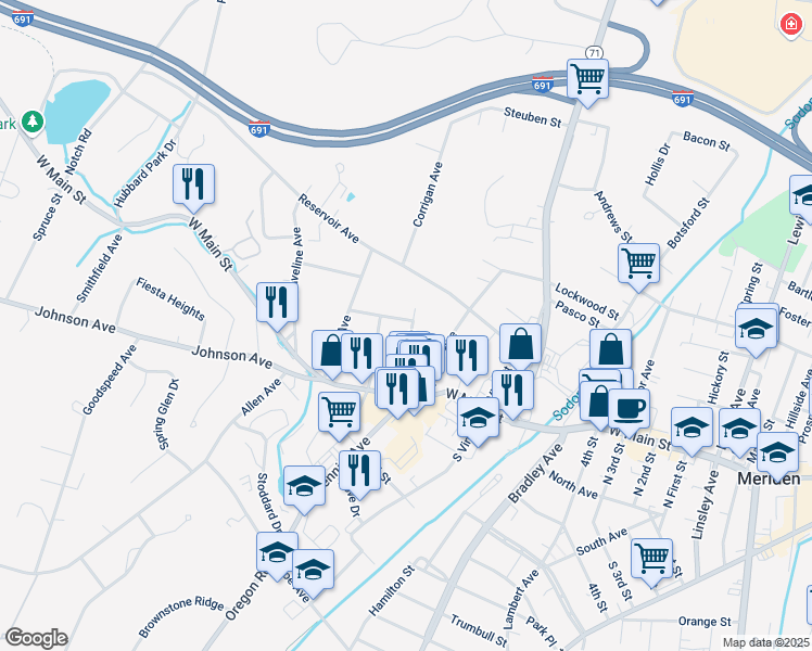 map of restaurants, bars, coffee shops, grocery stores, and more near 72 Home Avenue in Meriden