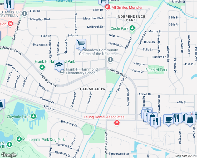 map of restaurants, bars, coffee shops, grocery stores, and more near 1546 Azalea Drive in Munster