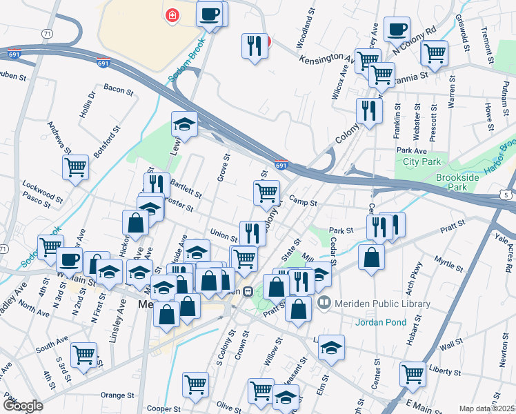 map of restaurants, bars, coffee shops, grocery stores, and more near 81 Lincoln Street in Meriden