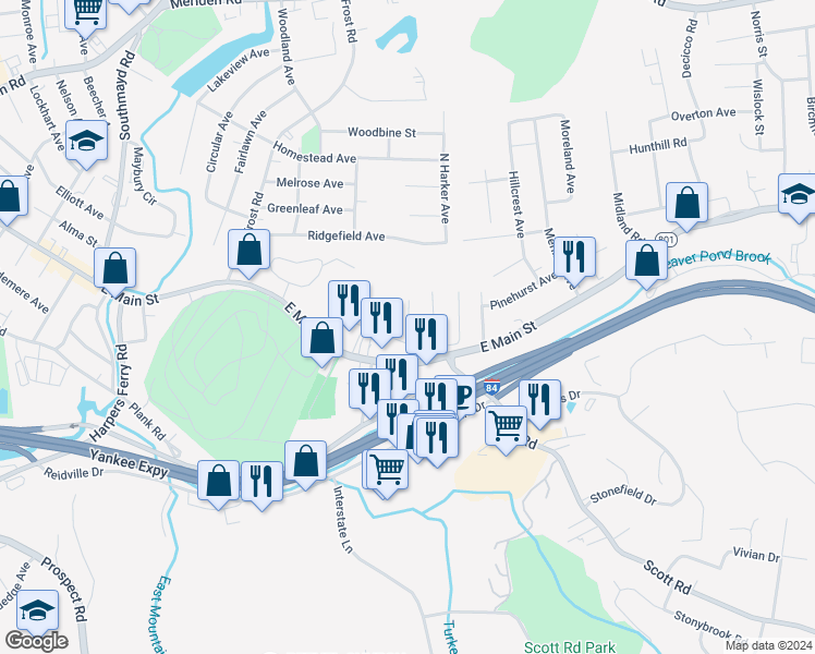 map of restaurants, bars, coffee shops, grocery stores, and more near 151 Blanchard Street in Waterbury