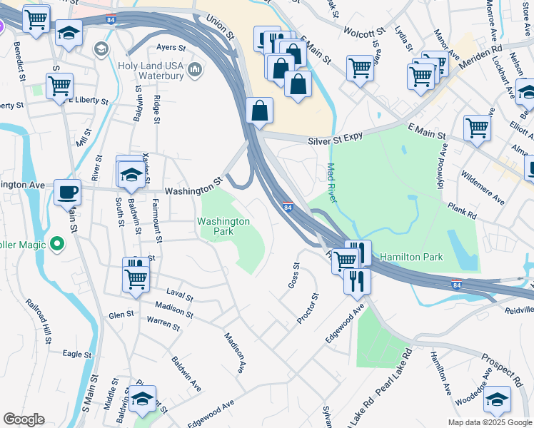 map of restaurants, bars, coffee shops, grocery stores, and more near 12 Rosewood Avenue in Waterbury