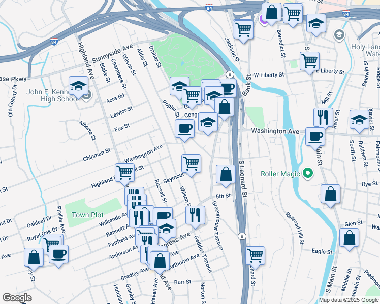 map of restaurants, bars, coffee shops, grocery stores, and more near 265 Congress Avenue in Waterbury