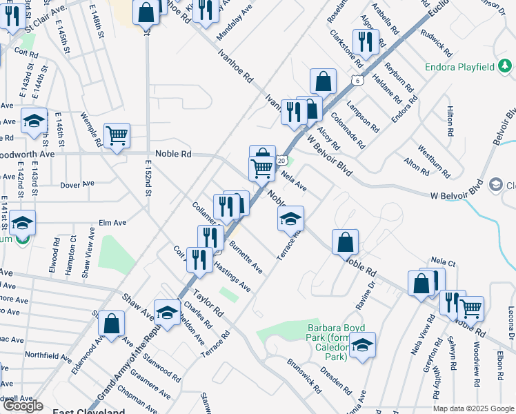 map of restaurants, bars, coffee shops, grocery stores, and more near 15986 Euclid Avenue in East Cleveland