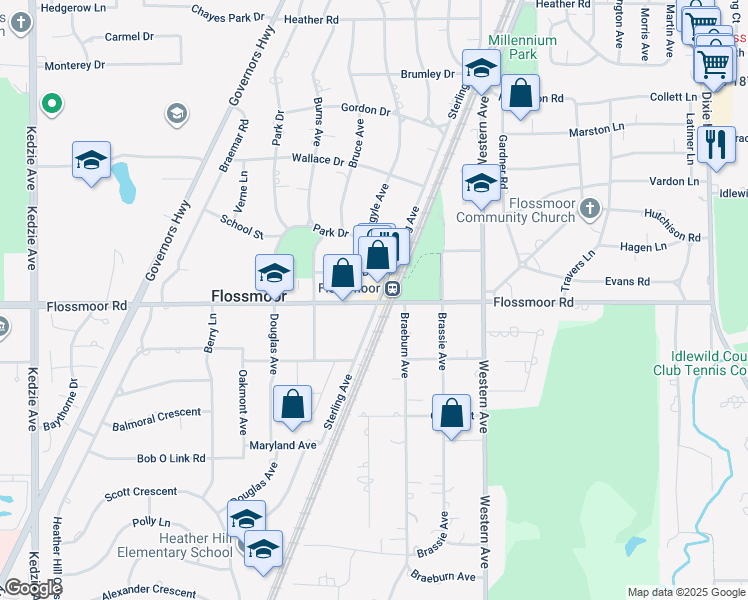 map of restaurants, bars, coffee shops, grocery stores, and more near 2600 Flossmoor Road in Flossmoor