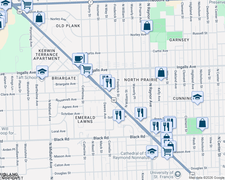 map of restaurants, bars, coffee shops, grocery stores, and more near 1060 North May Street in Joliet