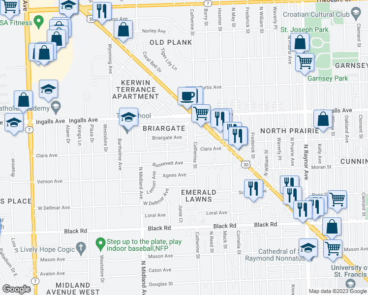 map of restaurants, bars, coffee shops, grocery stores, and more near 1202 Clara Avenue in Joliet